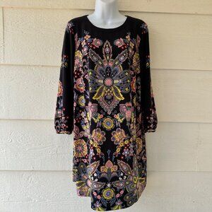 Loft Women’s Size Small Shift Dress Floral Long Sleeve Navy Pink Yellow Stretch